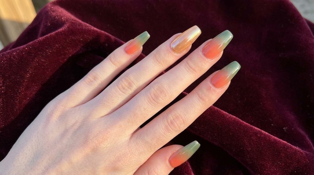 A stylish close-up of coffin nails showing coral-green ombre with an accent golden glaze nail on a rich burgundy velvet background in warm sunlight.