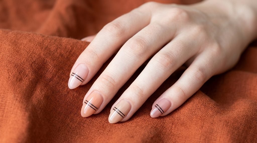 Female hand demonstrating sheer nude base coat swatches with double French tip line details.