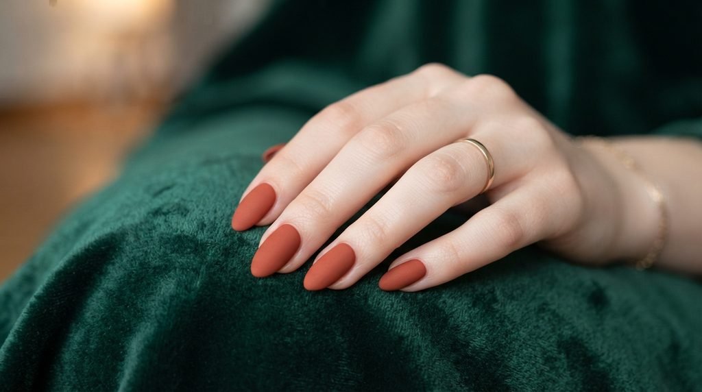 Close-up photograph of matte terracotta painted almond nails on a young woman's hand resting on deep emerald green velvet