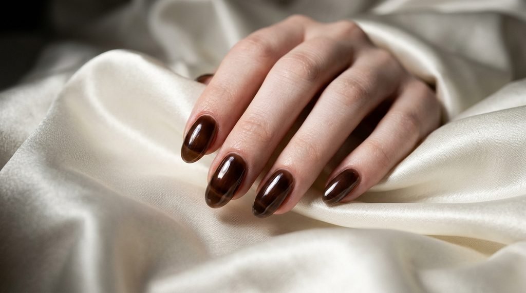 Glazed espresso brown sheer nails on an 18-year-old female hand with very white skin on cream satin.