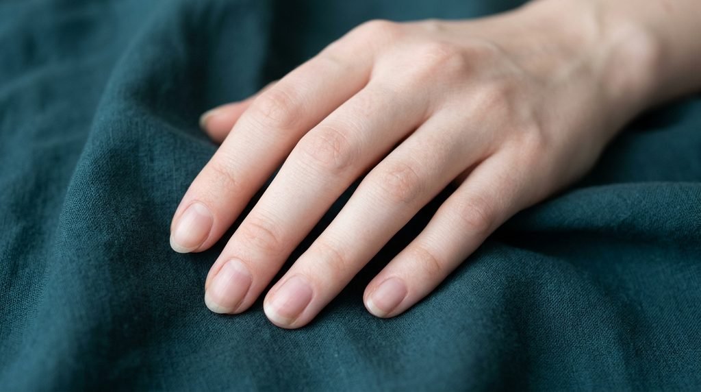 Close-up of clean cuticles on an 18-year-old female hand with very white skin resting on dark teal fabric.