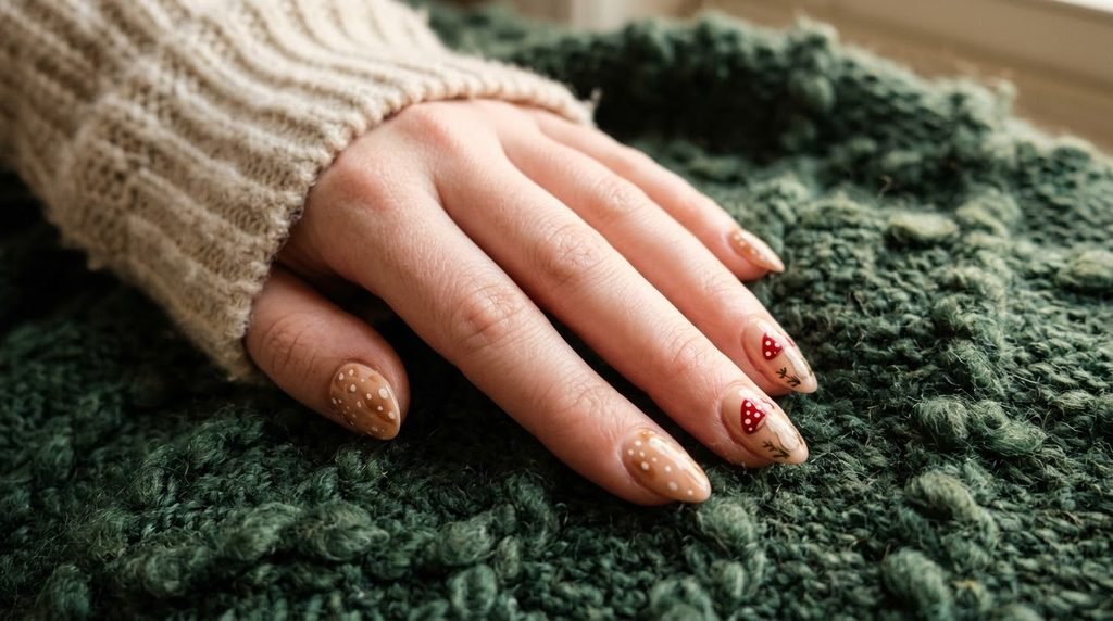 Almond nails featuring a combination of red mushroom art and deer spot patterns on an eighteen year old hand with white skin.
