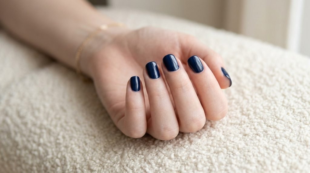 A close-up of flawless, short natural round nails on an 18-year-old female with very white skin, painted in a chip-free glossy navy, reflecting quality durable top coat application.
