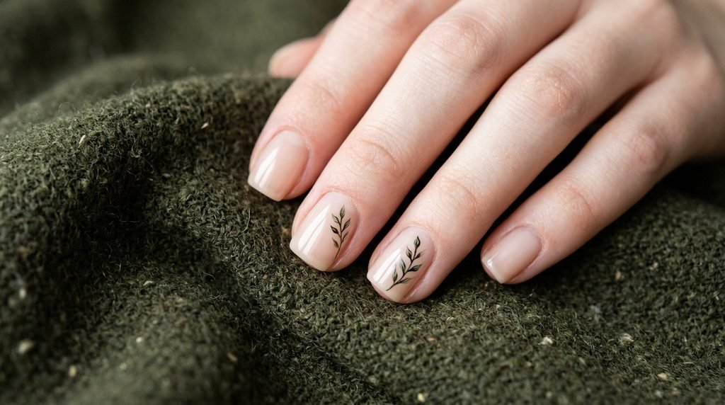 Short square nails with matte olive green polish and a delicate single branch accent.