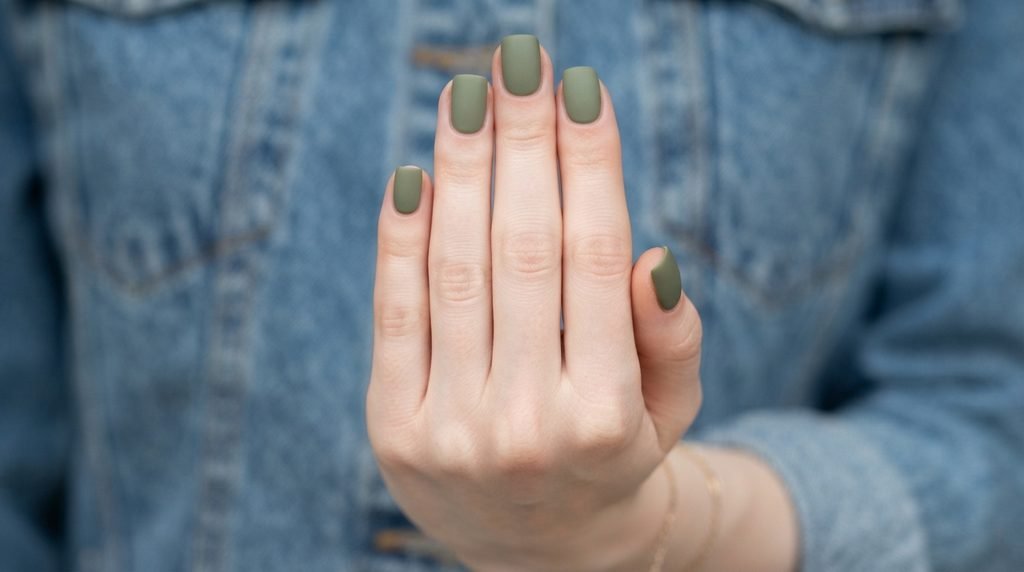 Close-up of short, neat square nails painted matte khaki green on a young woman's hand against denim.