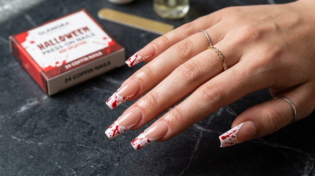 A close-up of long coffin nails on an 18-year-old female hand with white skin, featuring red blood splatter over a white base. The hand rests on charcoal marble, with a blurred package of press-on nails in the background.