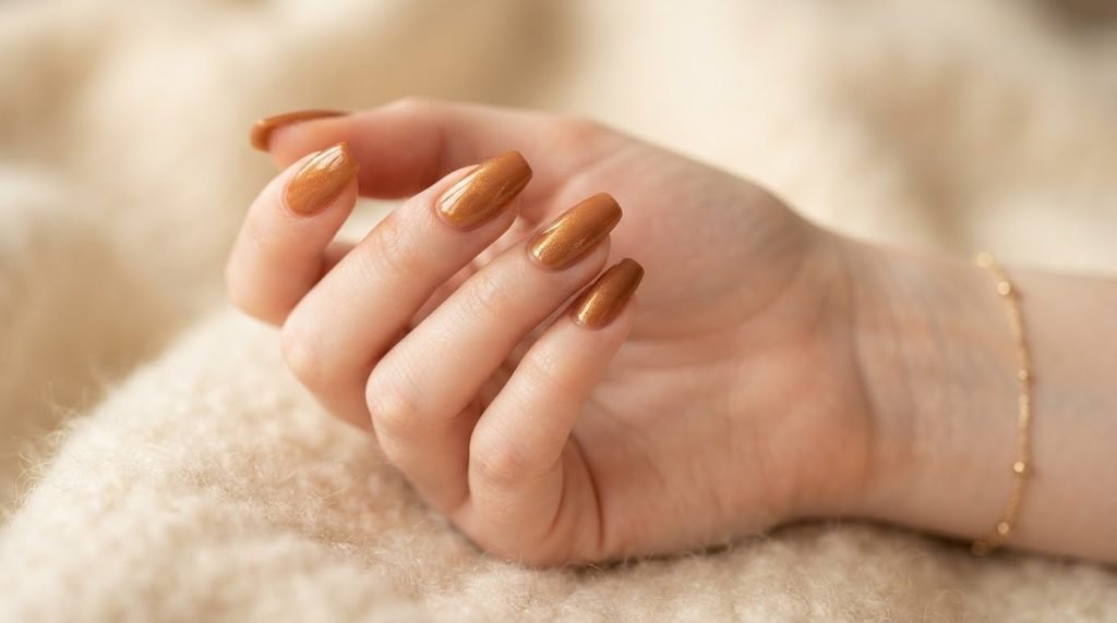 Close-up of caramel toffee nails with subtle micro-shimmer on an 18-year-old female hand.