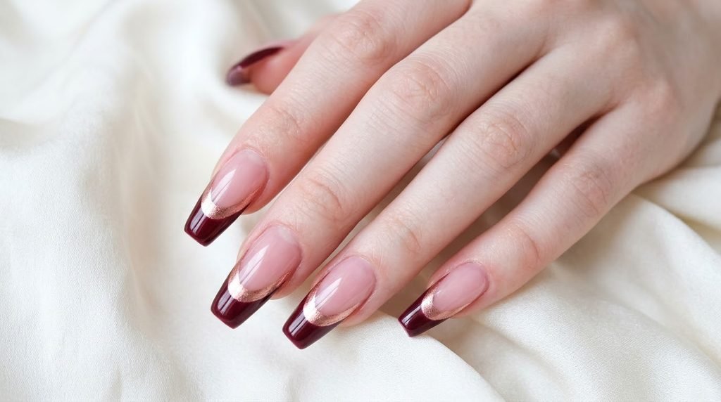 Long coffin nails featuring burgundy and rose gold double French tips over a sheer pink base.