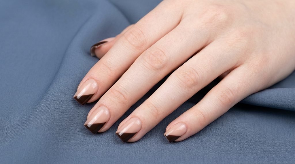 Square nails with diagonal dark chocolate color block tips over a sheer base on an eighteen year old female hand with light skin against slate blue.
