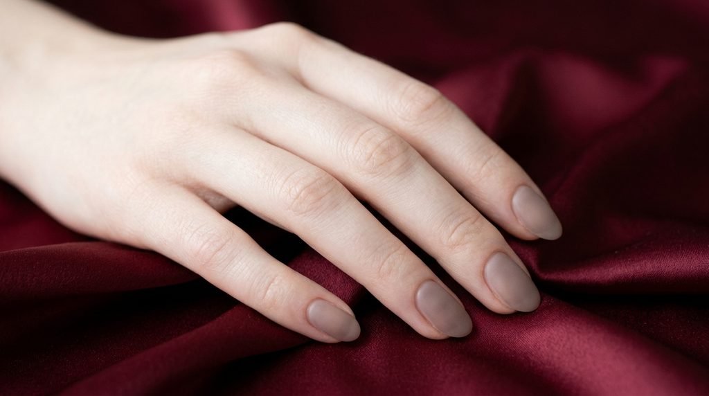 Sheer taupe nude nails with a semi-matte velvet finish on an 18-year-old female hand with very white skin over wine red silk.