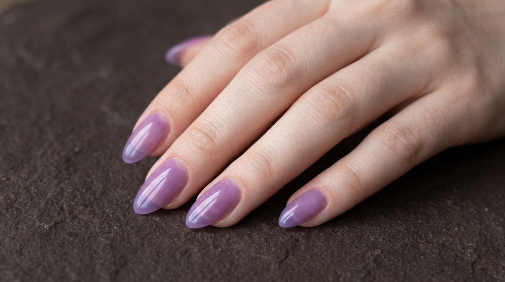 Sheer purple hard gel manicure on an 18-year-old female hand over dark chocolate stone.