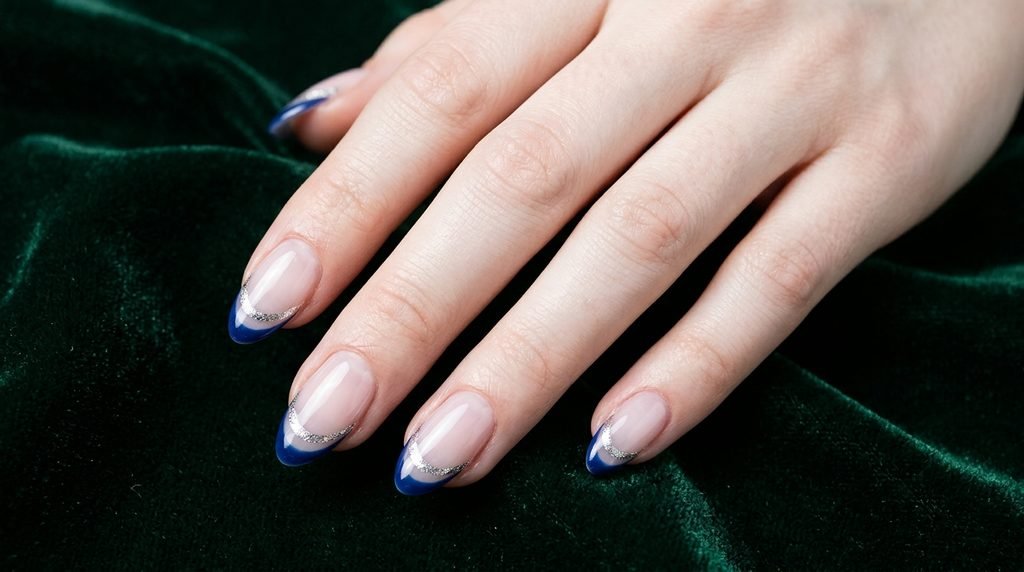 Sapphire blue and silver double French tip nails on a female hand against dark emerald velvet.