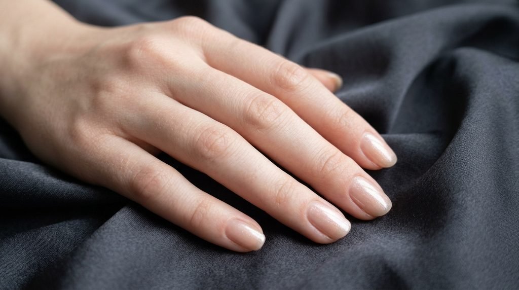 Pearl dust translucent sheer nails on an 18-year-old female hand with very white skin over charcoal satin.
