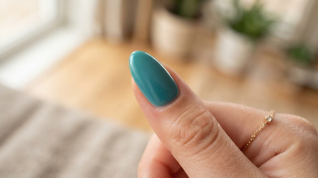 Close-up of a perfectly smooth matte teal nail on an 18-year-old female hand with white skin.