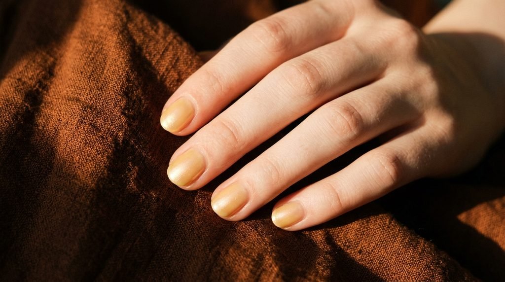  A detailed close-up of short oval nails with a sheer butter yellow base and a golden pearlescent glaze, in warm, direct late afternoon sunlight against a dark copper background.