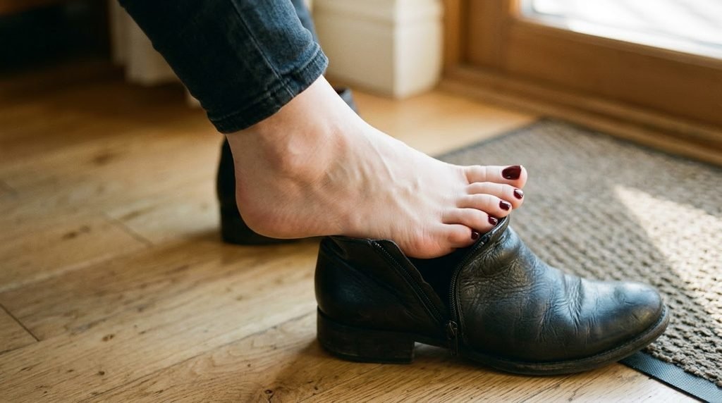A fair foot with dark bordeaux toenails slipping into a dark brown leather boot.