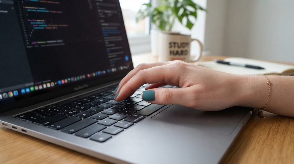 Minimalist matte teal nails with fine bronze tips typing on a keyboard, female hand with white skin.