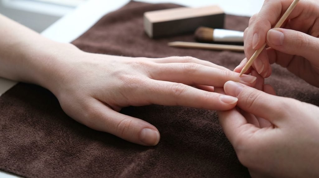 Prepped natural nails on an 18-year-old female hand with very white skin resting on chocolate brown suede.