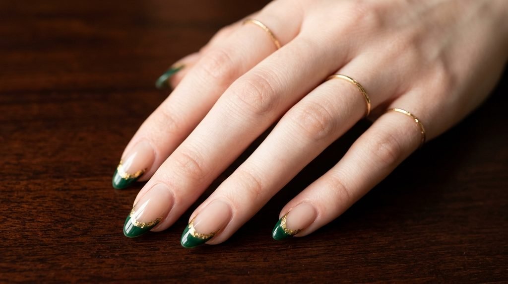Female hand with emerald and gold leaf double French tips resting against dark mahogany wood.