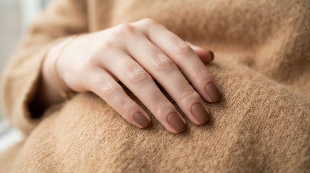 Close-up of short square-oval nails with matte mocha brown polish on a young woman's hand against tan cashmere.