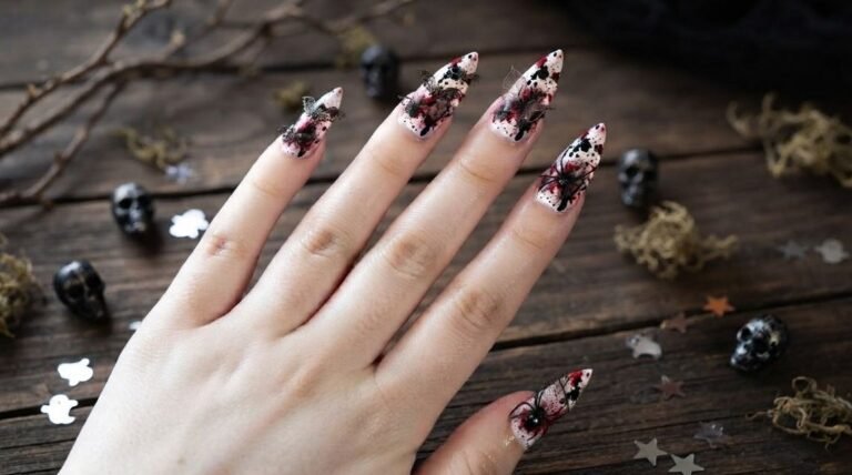 A close-up image of long stiletto nails on an 18-year-old female hand with white skin, featuring a crisp white base covered in random red blood splatter droplets. One nail has a thick drip. Hand holds a small skull against dark velvet. High-definition.
