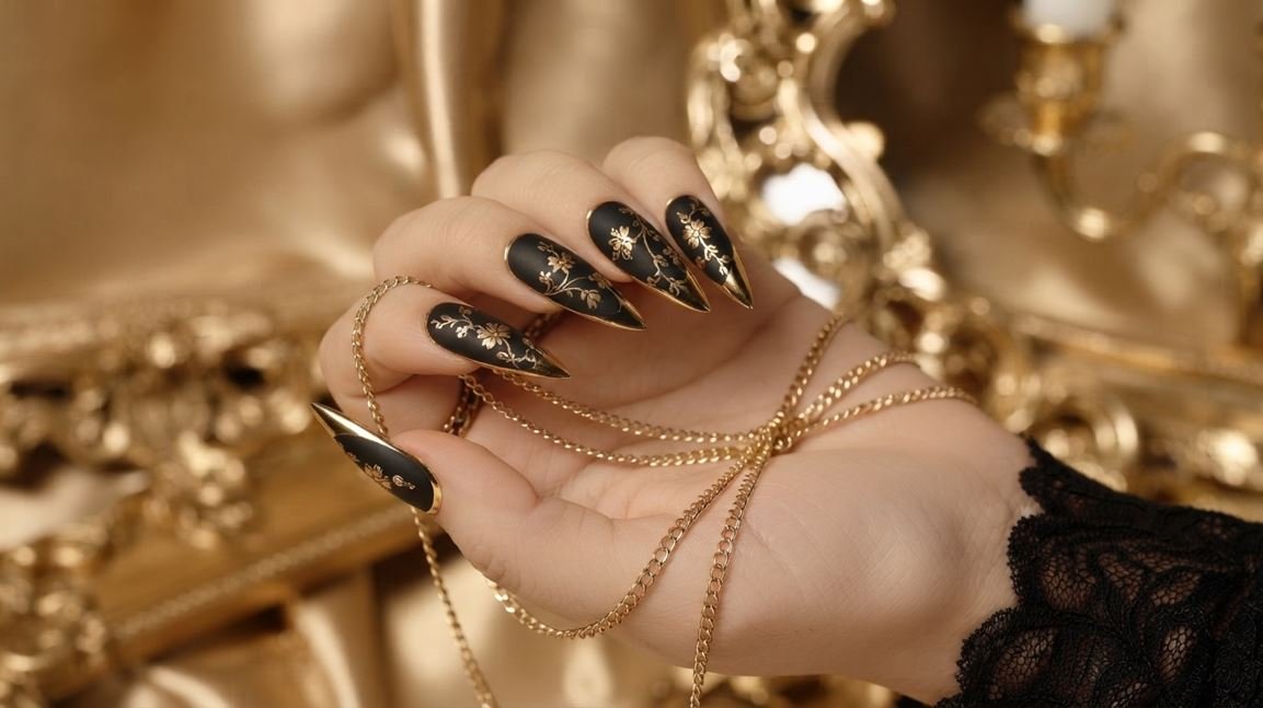 Close-up of an 18-year-old female hand with very white skin holding a burgundy velvet fabric, displaying matte black stiletto nails with gold outline borders.