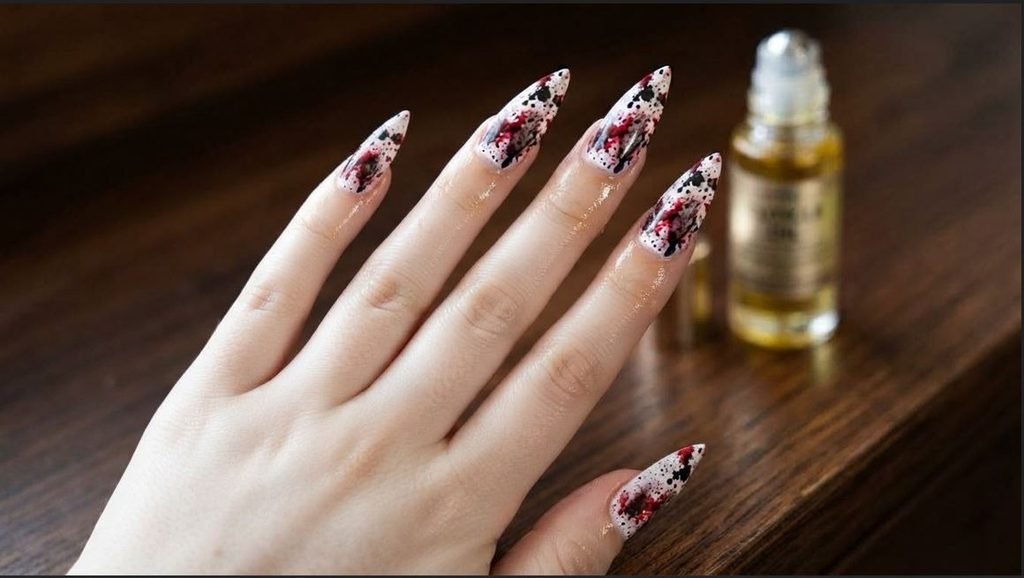 A close-up of an 18-year-old female hand with white skin and long stiletto nails with red blood splatter over white. One finger massages oil into the cuticle, near a blurred oil rollerball on dark wood.