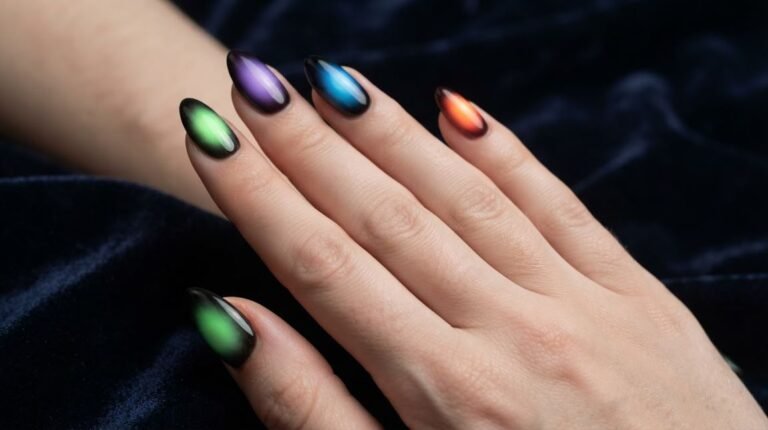 Close-up of almond nails with poison green and black aura art on a dark plum velvet background.