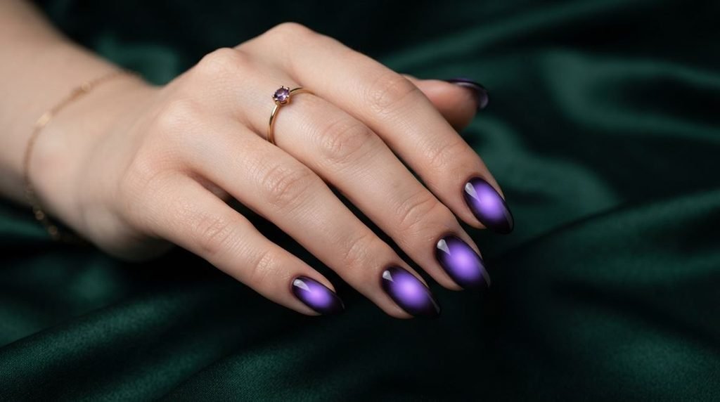 Almond nails with a glowing violet aura center blending into black against emerald satin fabric