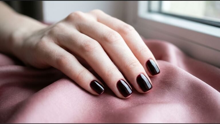 Close-up of short squoval nails with high-gloss black cherry gel polish resting against dusty rose silk.
