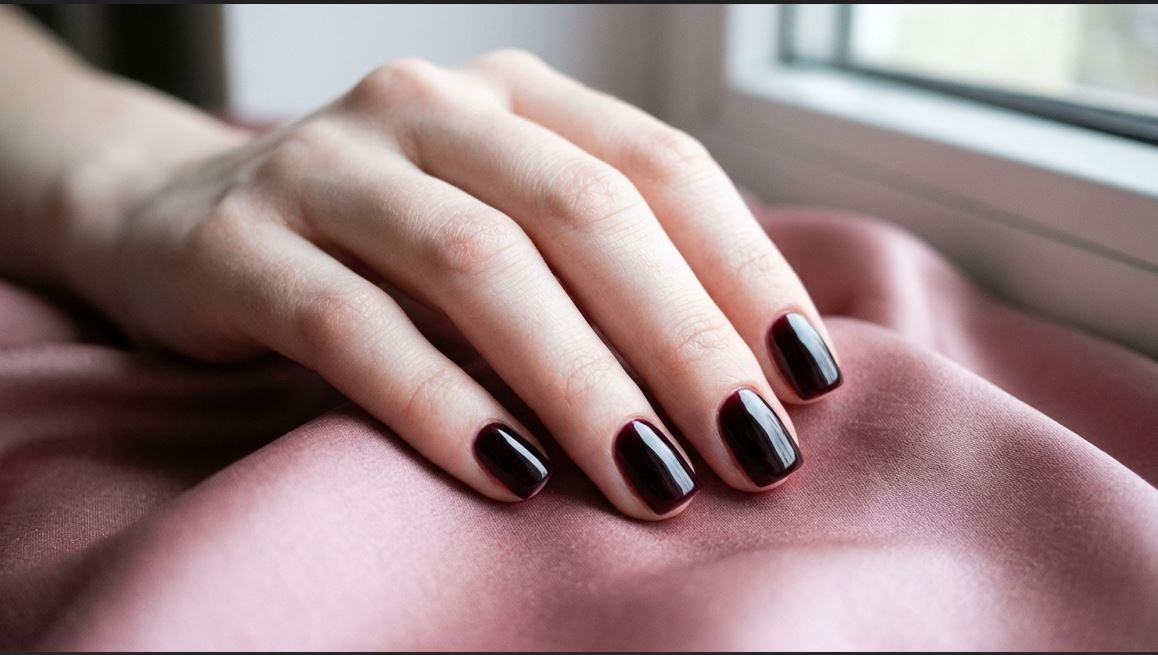 Close-up of short squoval nails with high-gloss black cherry gel polish resting against dusty rose silk.